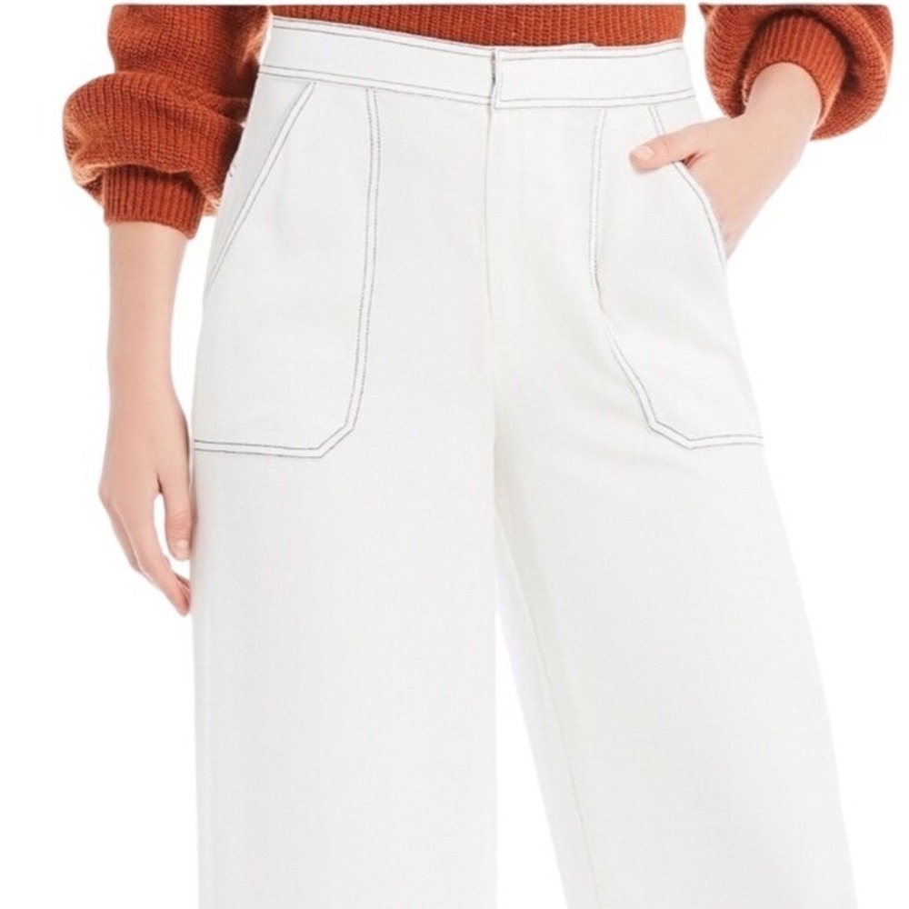 A Loves A Womens White Contrast Stitch Wide Leg High Rise Pants Size 0 Lyocell